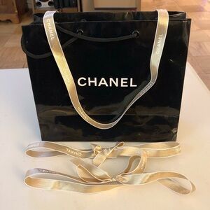 CHANEL Black Gift Bag and Decorative Branded Logo Spell Out Gold Ribbon Luxury